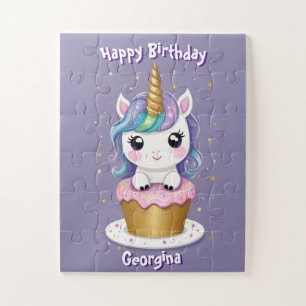 Cute Unicorn on Cake Personalized Kids Birthday Jigsaw Puzzle