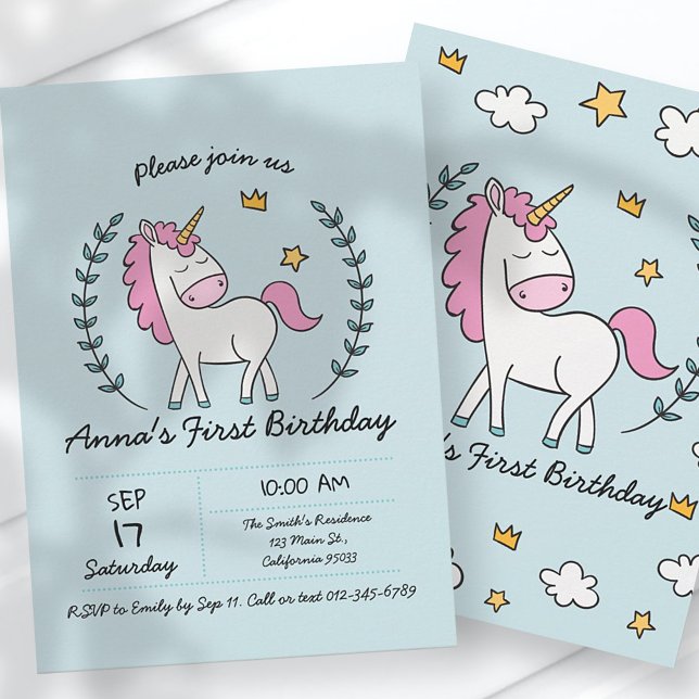 Cute Unicorn on Laurels. Birthday Invitation (Creator Uploaded)