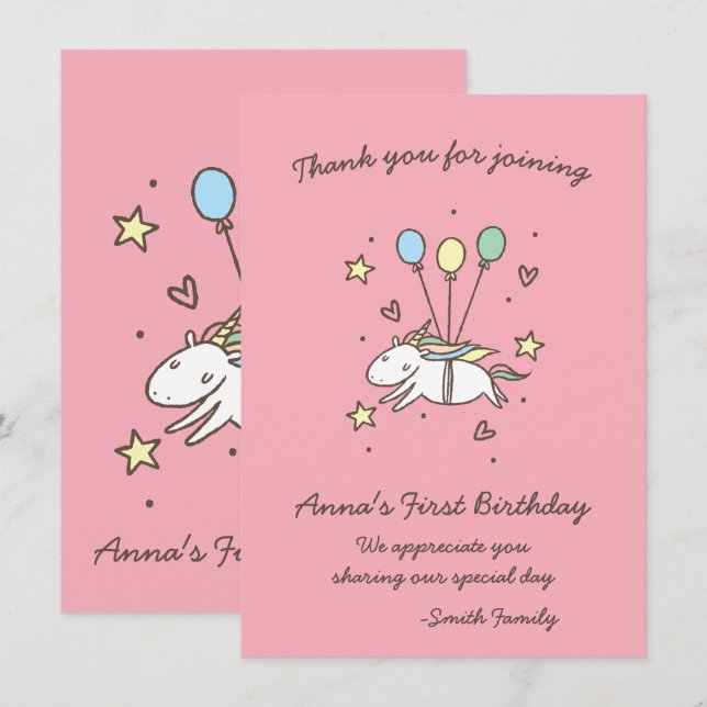 Cute Unicorn on Laurels. Birthday. Thank You. Invitation (Front/Back)