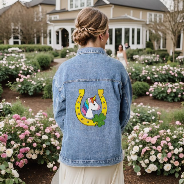 Cute Unicorn on St Patrick's Day Denim Jacket (Wedding Back)