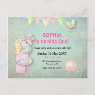Cute Unicorn/Papillons Première Invitation Anniver