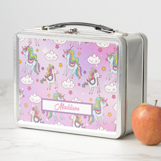 Cute Unicorn Pattern Customizable Name  Metal Lunch Box (In Situ)