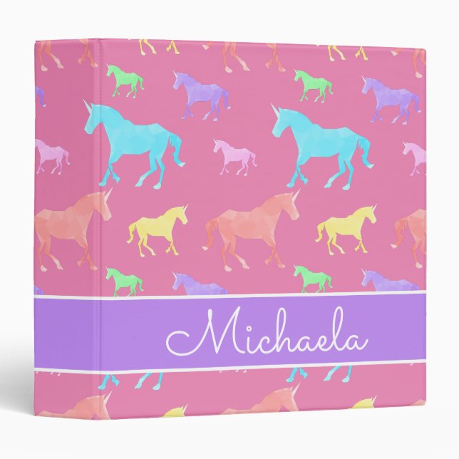 Cute Unicorn Pattern Name Pink Kids School Binder (Front/Spine)