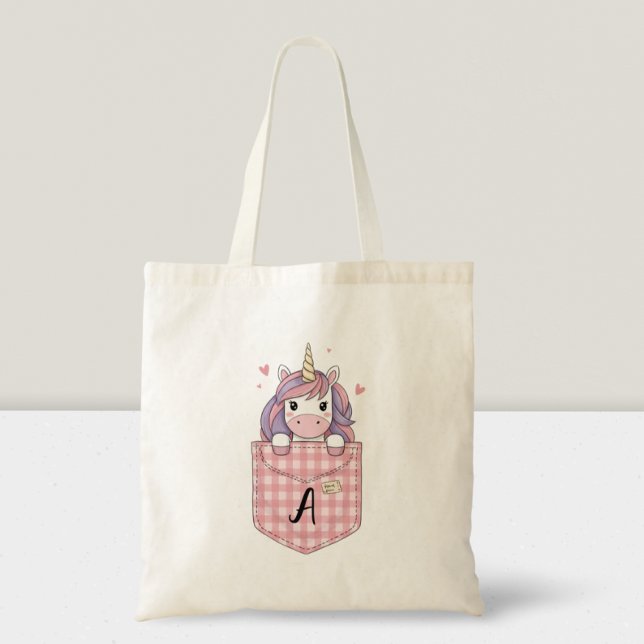 Cute Unicorn Peeking from Pocket with initial Tote Bag (Creator Uploaded)