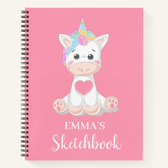 Cute Unicorn Personalized Kids Sketchbook Notebook (Front)