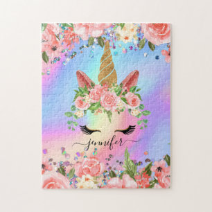 Cute Unicorn Personalized Name Rainbow Pink Girly Jigsaw Puzzle