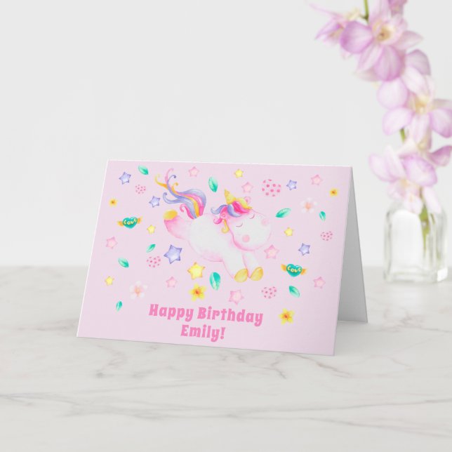 Cute Unicorn - Personalized Pink Kids Birthday Card (Orchid)