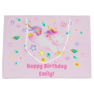 Cute Unicorn - Personalized Pink Kids Birthday Large Gift Bag