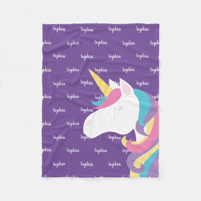 Cute Unicorn Personalized Purple Girl Fleece Blanket (Front)