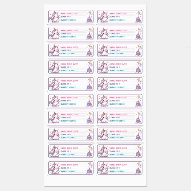 Cute Unicorn Personalized School Name (Sheet)