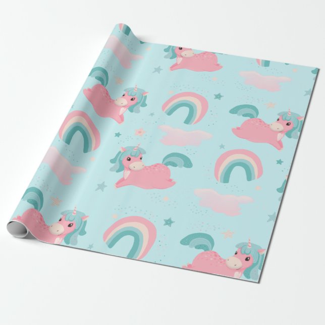         Cute Unicorn Pink and Mint Pattern Wrappin Wrapping Paper (Unrolled)