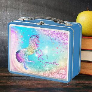 Cute unicorn pink aqua faux glitter custom metal lunch box