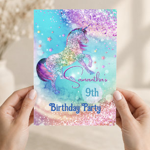 Cute unicorn pink aqua glitter any age birthday invitation