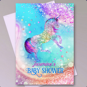 Cute unicorn pink aqua glitter baby shower invitation