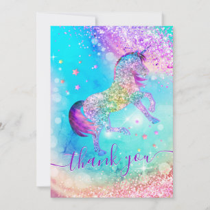 Cute unicorn pink aqua iridescent glitter girly thank you card