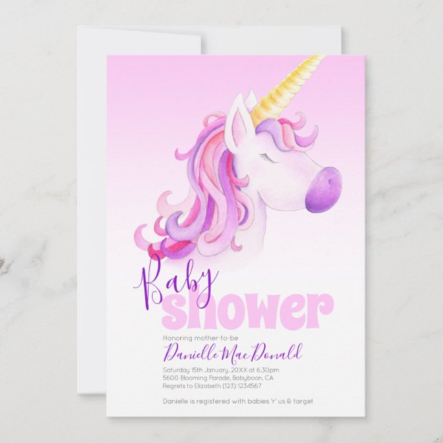 Cute unicorn pink baby shower invitations (Front)