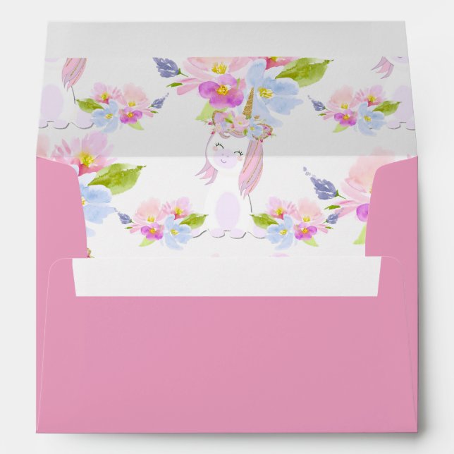 Cute Unicorn Pink Blue Floral 5x7 Card A7   Envelope (Back (Bottom))