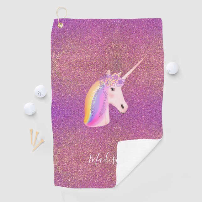 Cute Unicorn Pink Faux Glitter Personalized Golf Towel (InSitu)