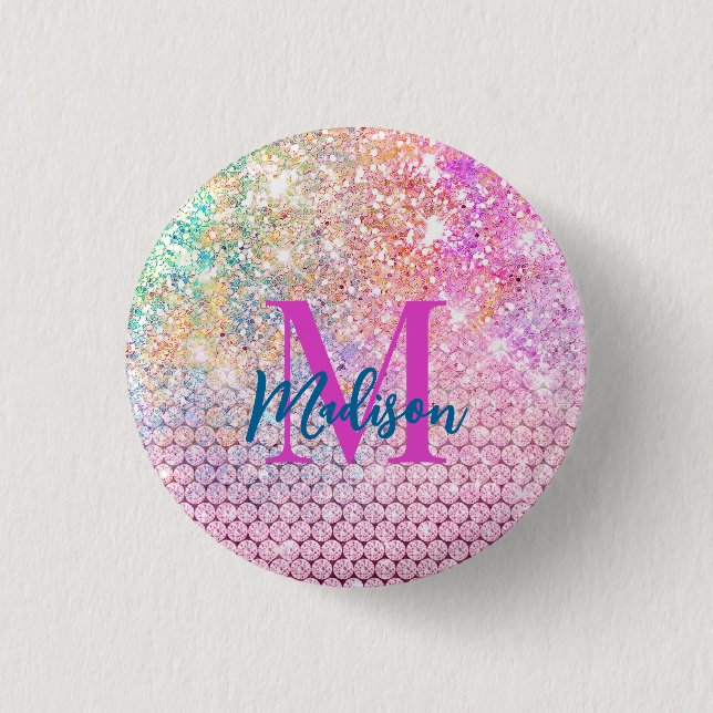 cute unicorn pink faux glitter rhinestone monogram 1 inch round button (Front)