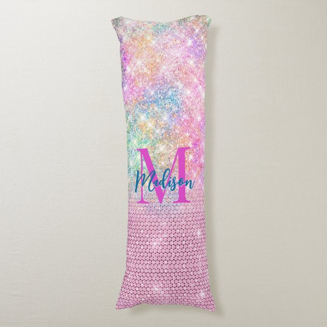 cute unicorn pink faux glitter rhinestone monogram body pillow (Front Vertical)
