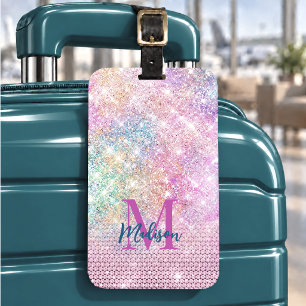 cute unicorn pink faux glitter rhinestone monogram luggage tag