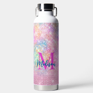 cute unicorn pink faux glitter rhinestone monogram water bottle