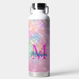 cute unicorn pink faux glitter rhinestone monogram water bottle