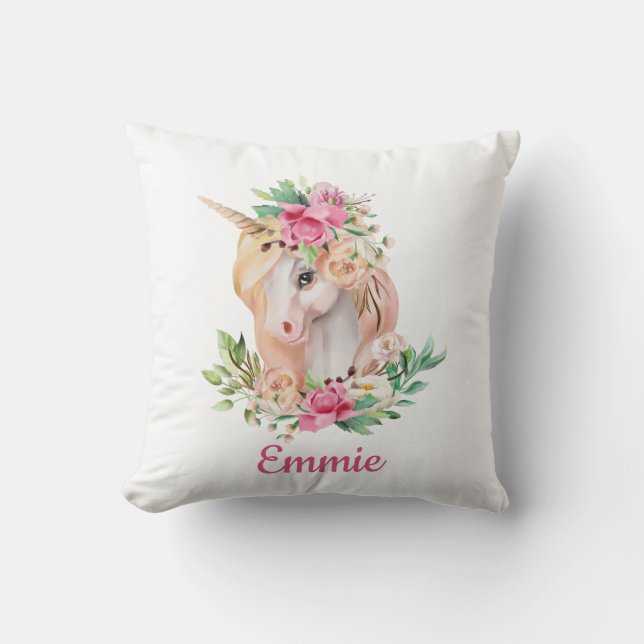 Cute Unicorn Pink Floral Custom Child's Name Throw Pillow (Front)