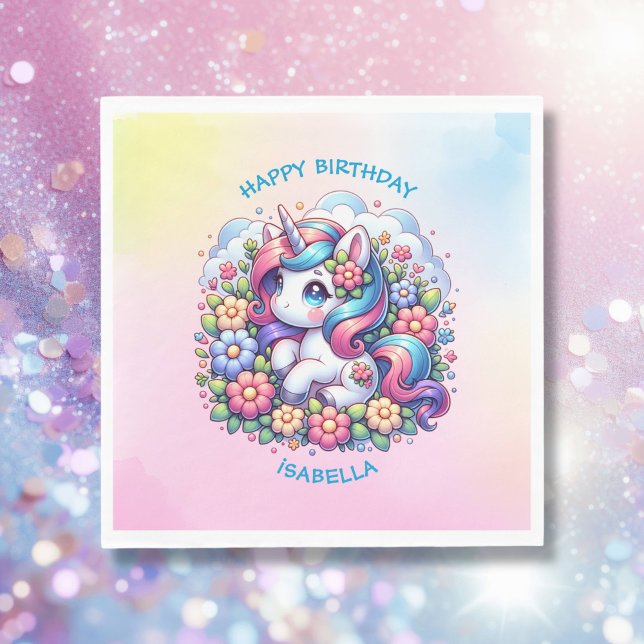 Cute Unicorn Pink Girl's Birthday Personalized Napkin (Creator Uploaded)