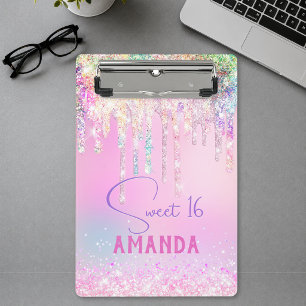 Cute unicorn pink glitter birthday monogram mini clipboard
