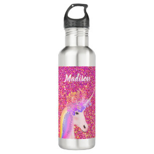 Cute Unicorn Pink Glitter Floral Personalized Kids 710 Ml Water Bottle