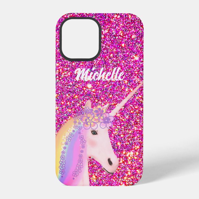 Cute Unicorn Pink Glitter Personalized Kids iPhone Case (Back)