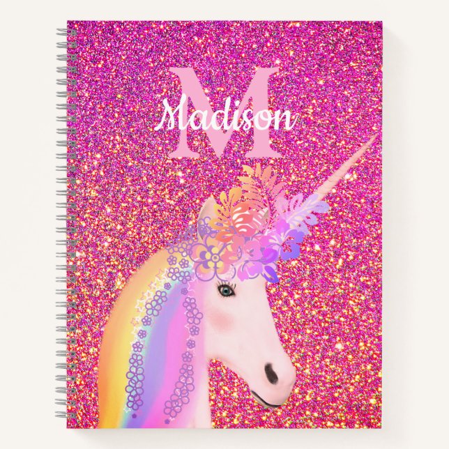 Cute Unicorn Pink Glitter Personalized Notebook (Front)