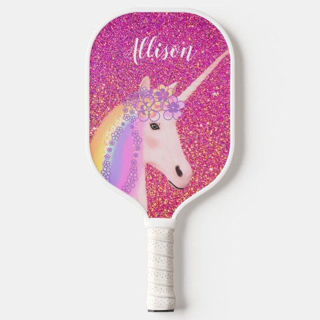 Cute Unicorn Pink Glitter Personalized Pickleball Paddle (Front)