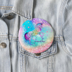 Cute unicorn pink Glitter rainbow aqua monogram 4 Inch Round Button