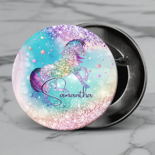 Cute unicorn pink Glitter rainbow aqua monogram 4 Inch Round Button