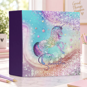 Cute unicorn pink Glitter rainbow aqua monogram Binder