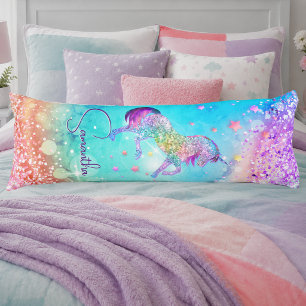 Cute unicorn pink Glitter rainbow aqua monogram Body Pillow