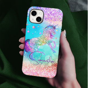 Cute unicorn pink Glitter rainbow aqua monogram Case-Mate iPhone 14 Case