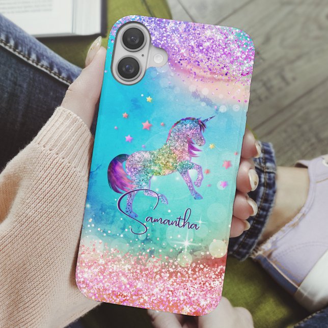 Cute unicorn pink Glitter rainbow aqua monogram Case-Mate iPhone Case (Creator Uploaded)
