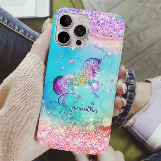 Cute unicorn pink Glitter rainbow aqua monogram Case-Mate iPhone Case (Creator Uploaded)