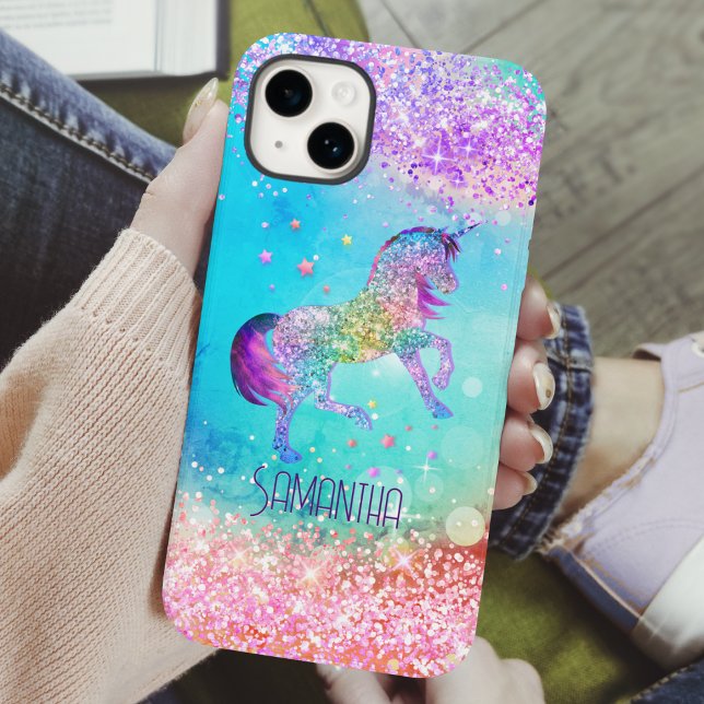 Cute unicorn pink Glitter rainbow aqua monogram Case-Mate iPhone Case (Creator Uploaded)