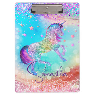 Cute unicorn pink Glitter rainbow aqua monogram Clipboard