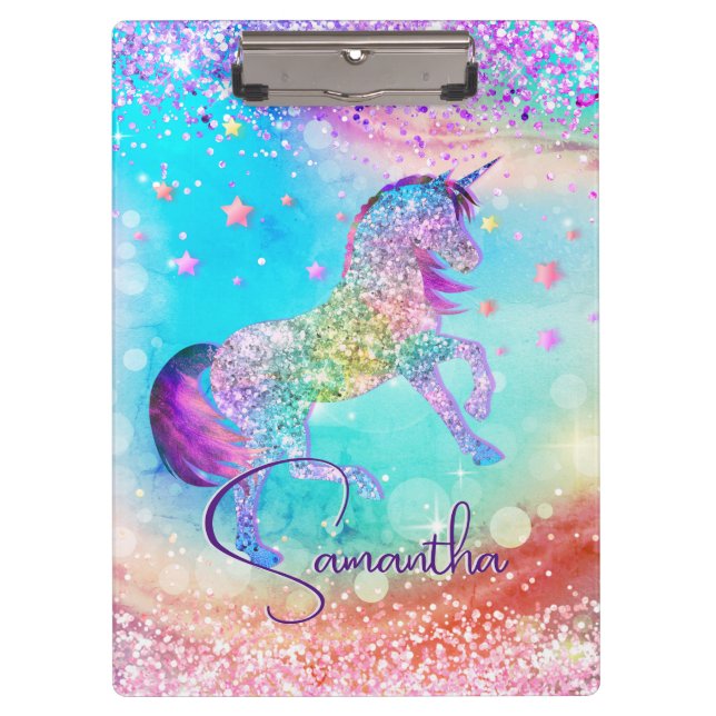 Cute unicorn pink Glitter rainbow aqua monogram Clipboard (Front)