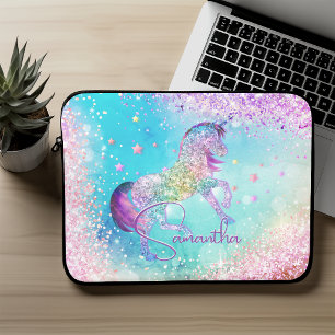 Cute unicorn pink Glitter rainbow aqua monogram Laptop Sleeve