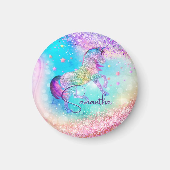 Cute unicorn pink Glitter rainbow aqua monogram Magnet (Front)