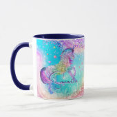 Cute unicorn pink Glitter rainbow aqua monogram Mug (Left)