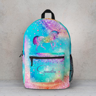 Cute unicorn pink Glitter rainbow aqua monogram Printed Backpack