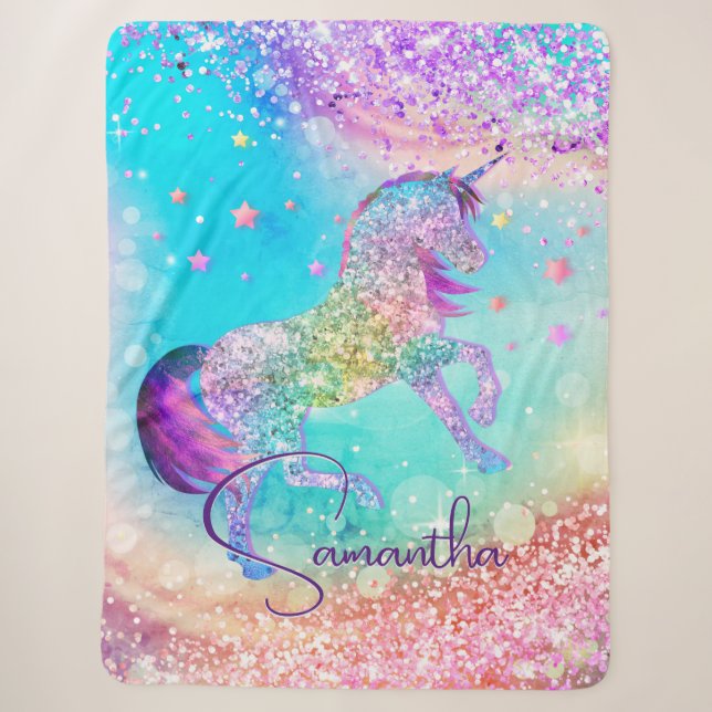 Cute unicorn pink Glitter rainbow aqua monogram Sherpa Blanket (Front)