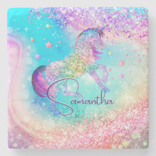 Cute unicorn pink Glitter rainbow aqua monogram Stone Coaster